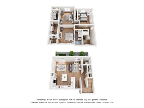 Two floor plan images of a house with a kitchen, living room, bedrooms and bathrooms.